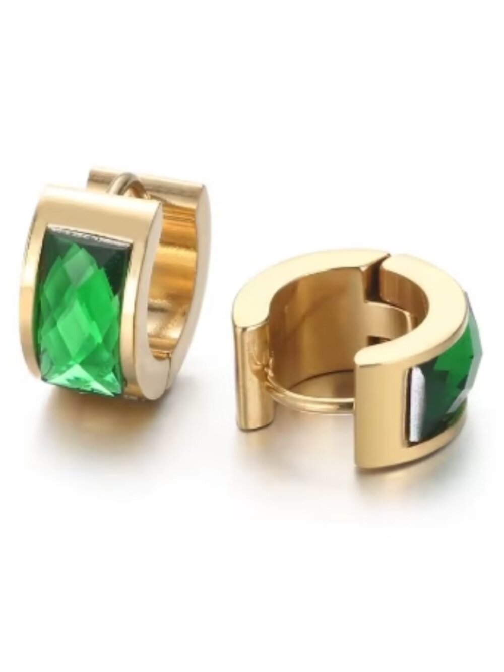Earrings, Women's Earrings, Emerald Green Stone, Huggie Earrings, Stainless